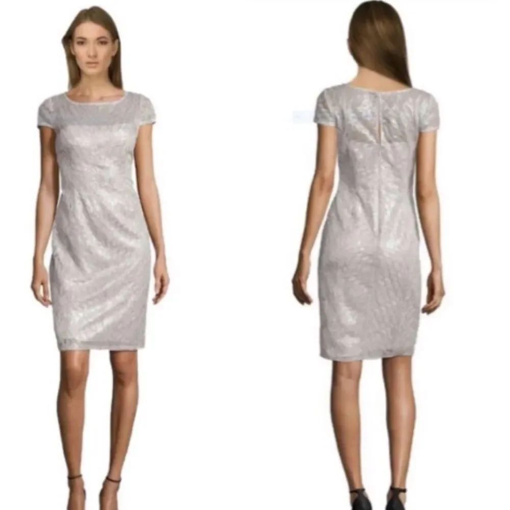 NEW Adrianna Papell Silver Mesh Feather Sequined Sheath Formal Mini Dress Size 4